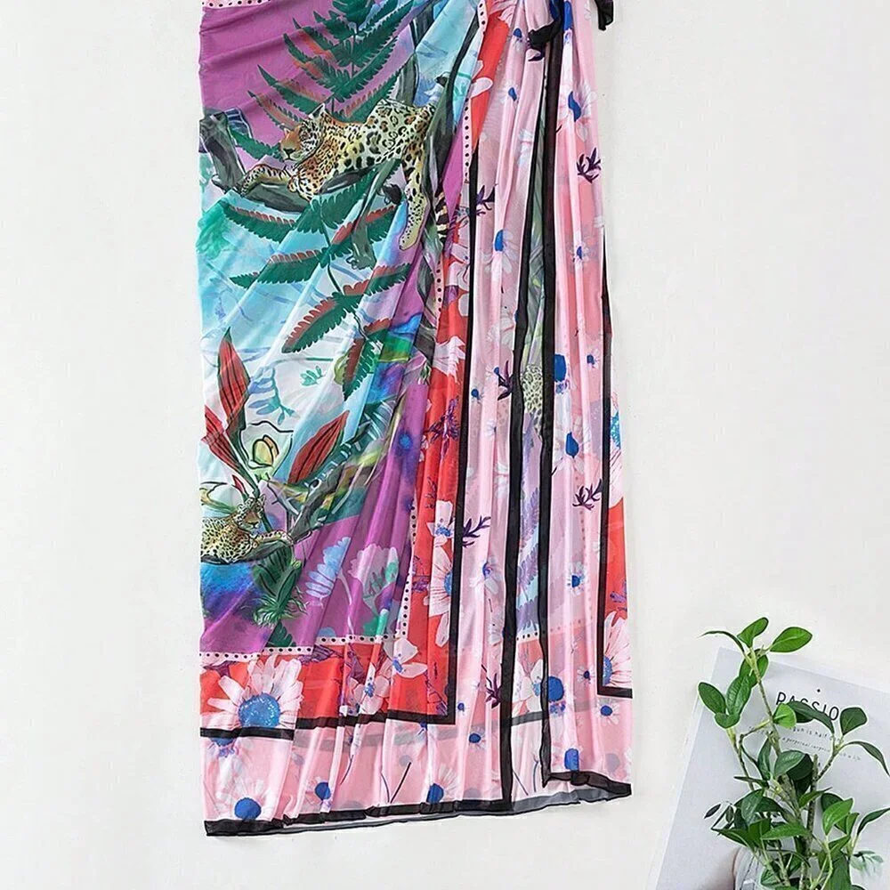 Multicolor Women's Tropical Print Knot Side Cover Up Skirt - Picture 3 of 6